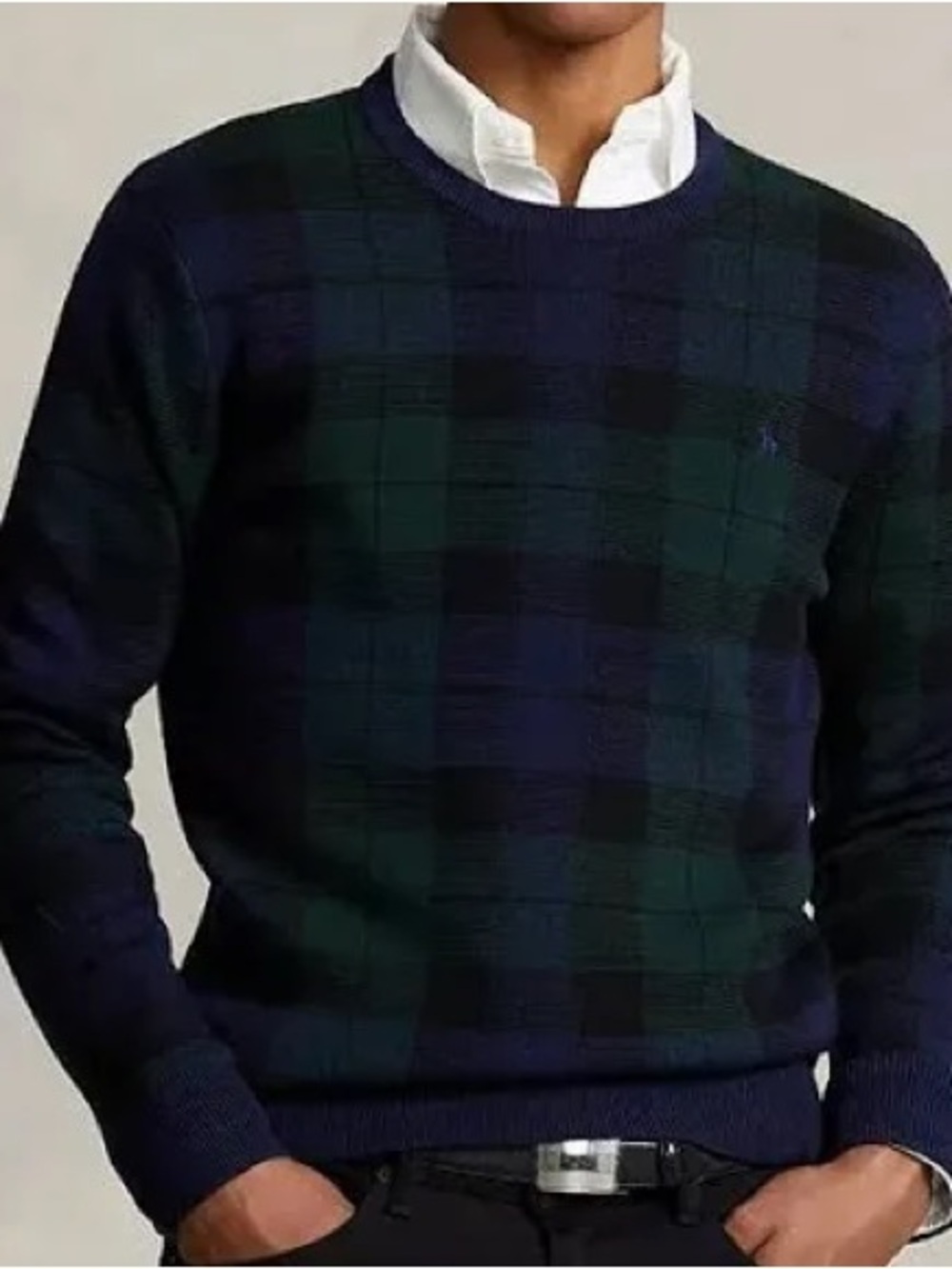 Polo Ralph Lauren Washable Merino Wool Black Watch Plaid Sweater Mens XL Green
